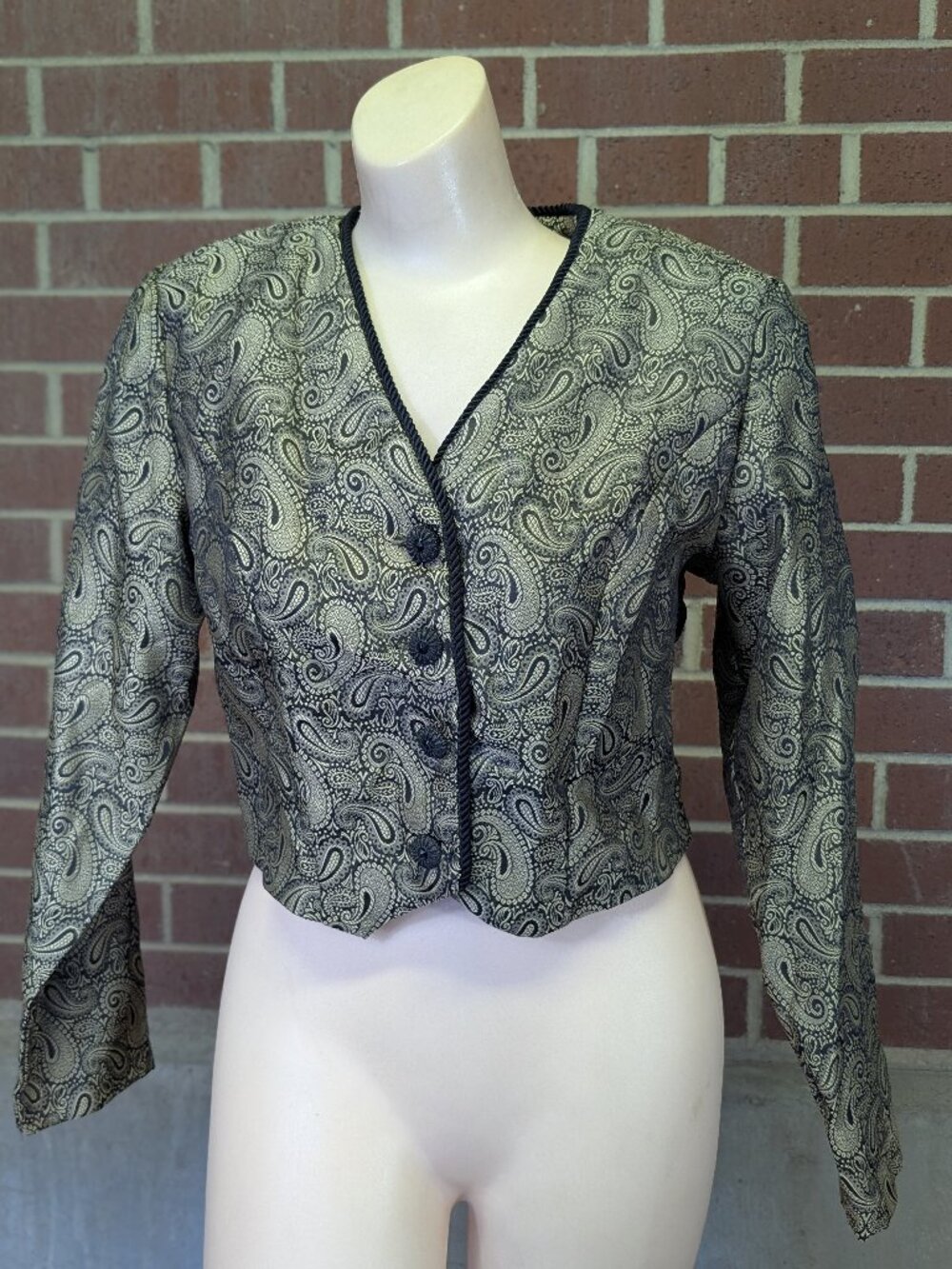Banjo Gold Black Paisley Brocade Cropped Jacket S Vintage Tapestry Boho 90s
